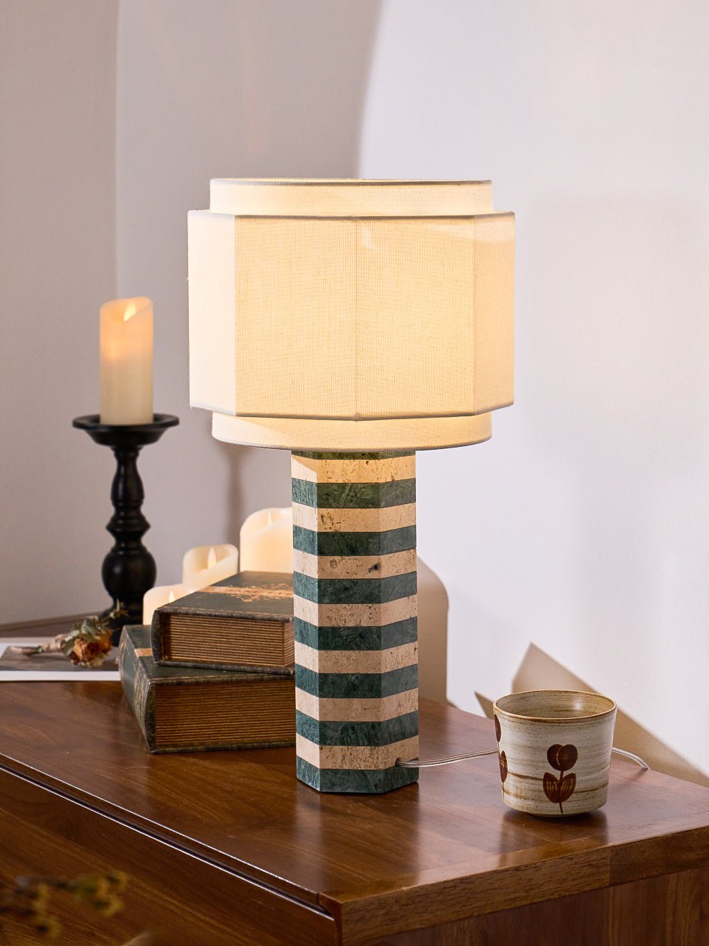 Modari Striped Stone Table Lamp – Travertine & Marble Sculptural Accent Light