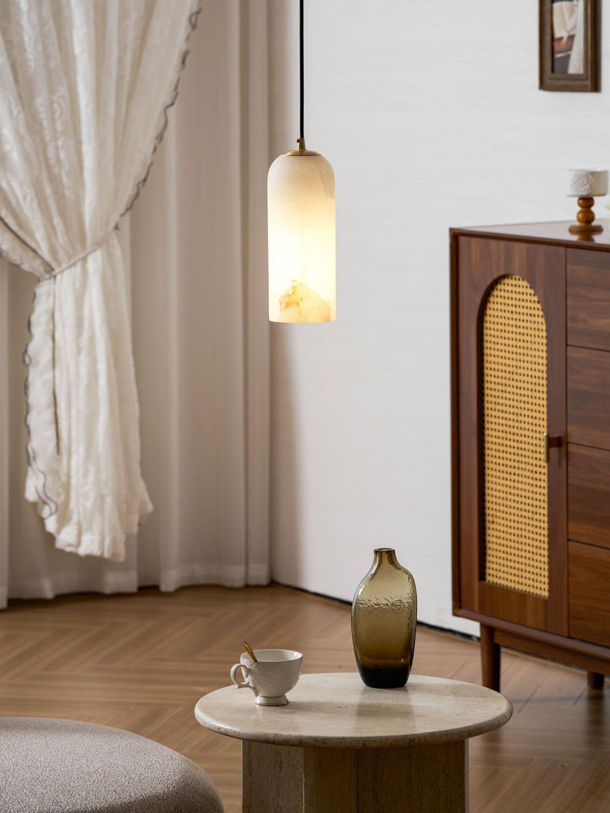 Monty Alabaster Pendant Light in Brass with Braided Cord