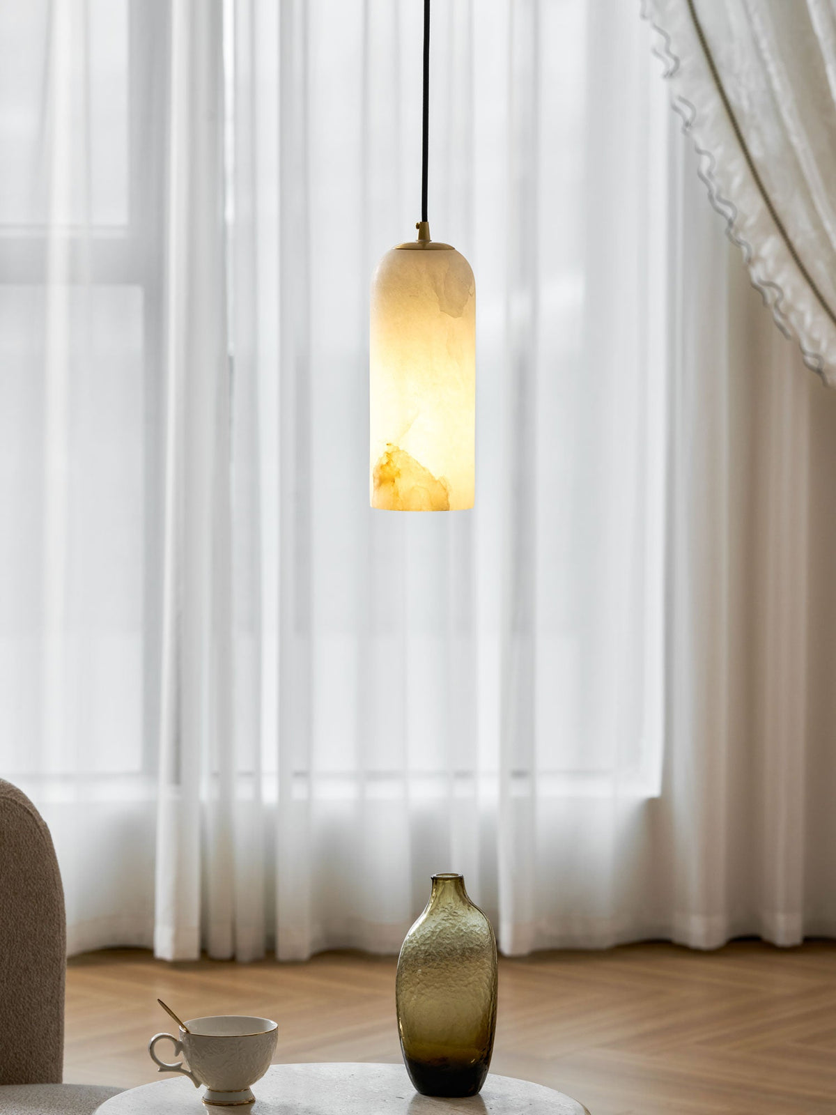 Monty Alabaster Pendant Light in Brass with Braided Cord