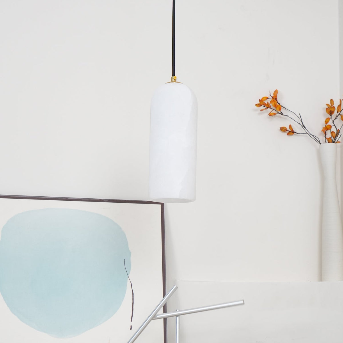 Monty Alabaster Pendant Light in Brass with Braided Cord