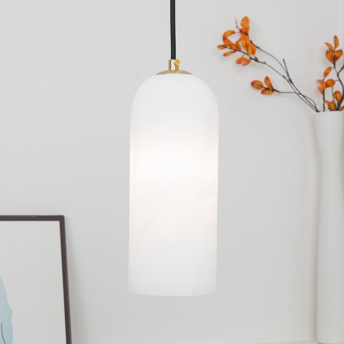Monty Alabaster Pendant Light in Brass with Braided Cord