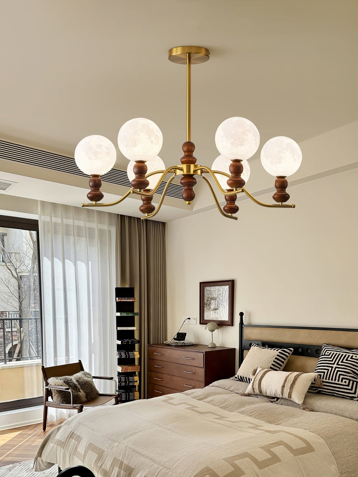 Moonlit Globe Chandelier – Modern Wood & Gold Pendant Light for Dining Room and Living Room