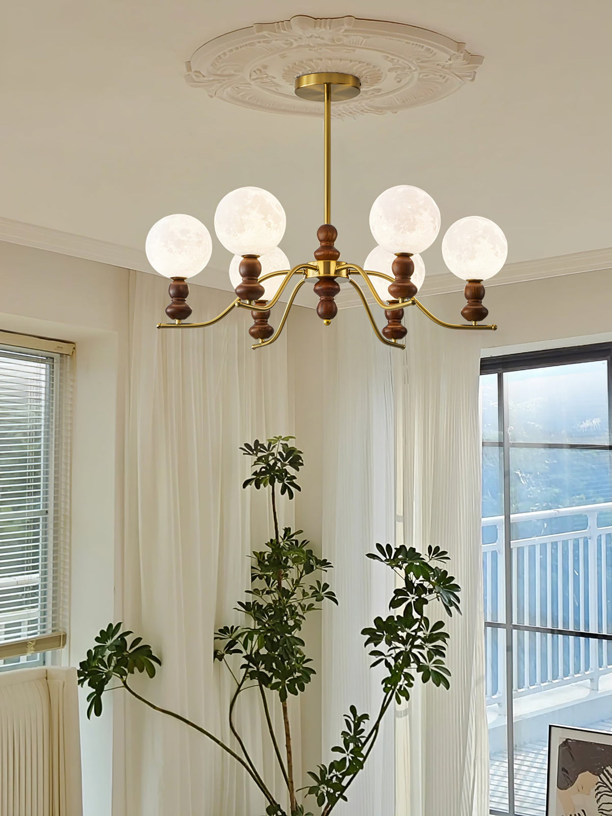 Moonlit Globe Chandelier – Modern Wood & Gold Pendant Light for Dining Room and Living Room