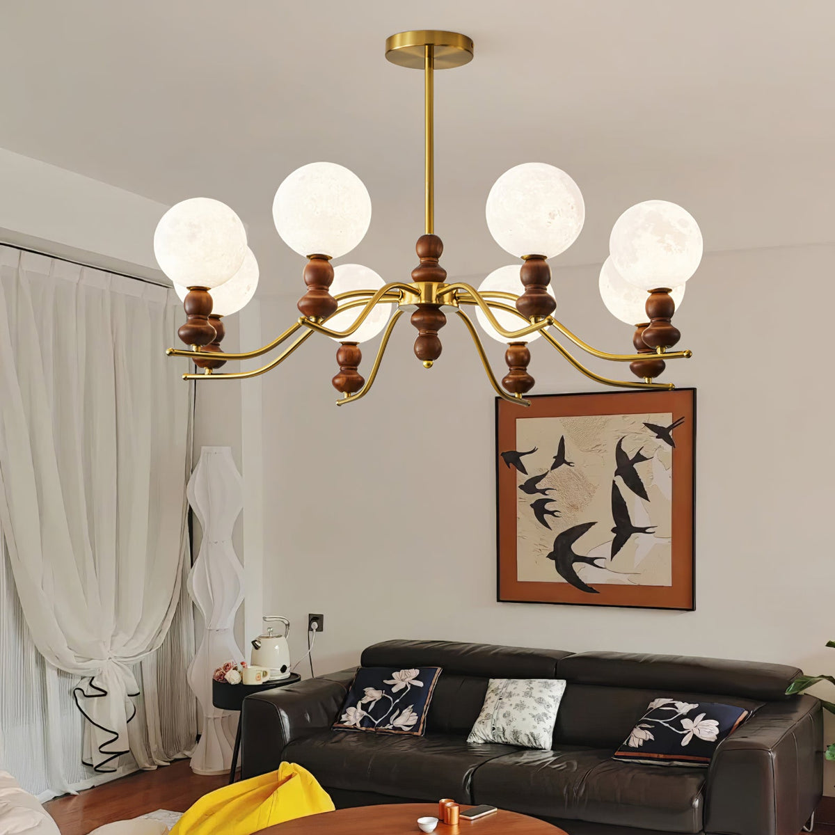 Moonlit Globe Chandelier – Modern Wood & Gold Pendant Light for Dining Room and Living Room