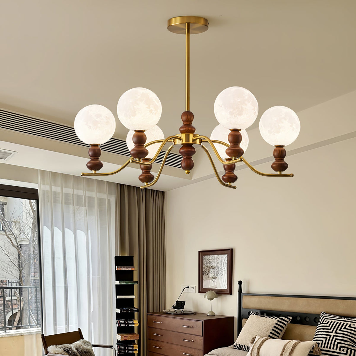Moonlit Globe Chandelier – Modern Wood & Gold Pendant Light for Dining Room and Living Room
