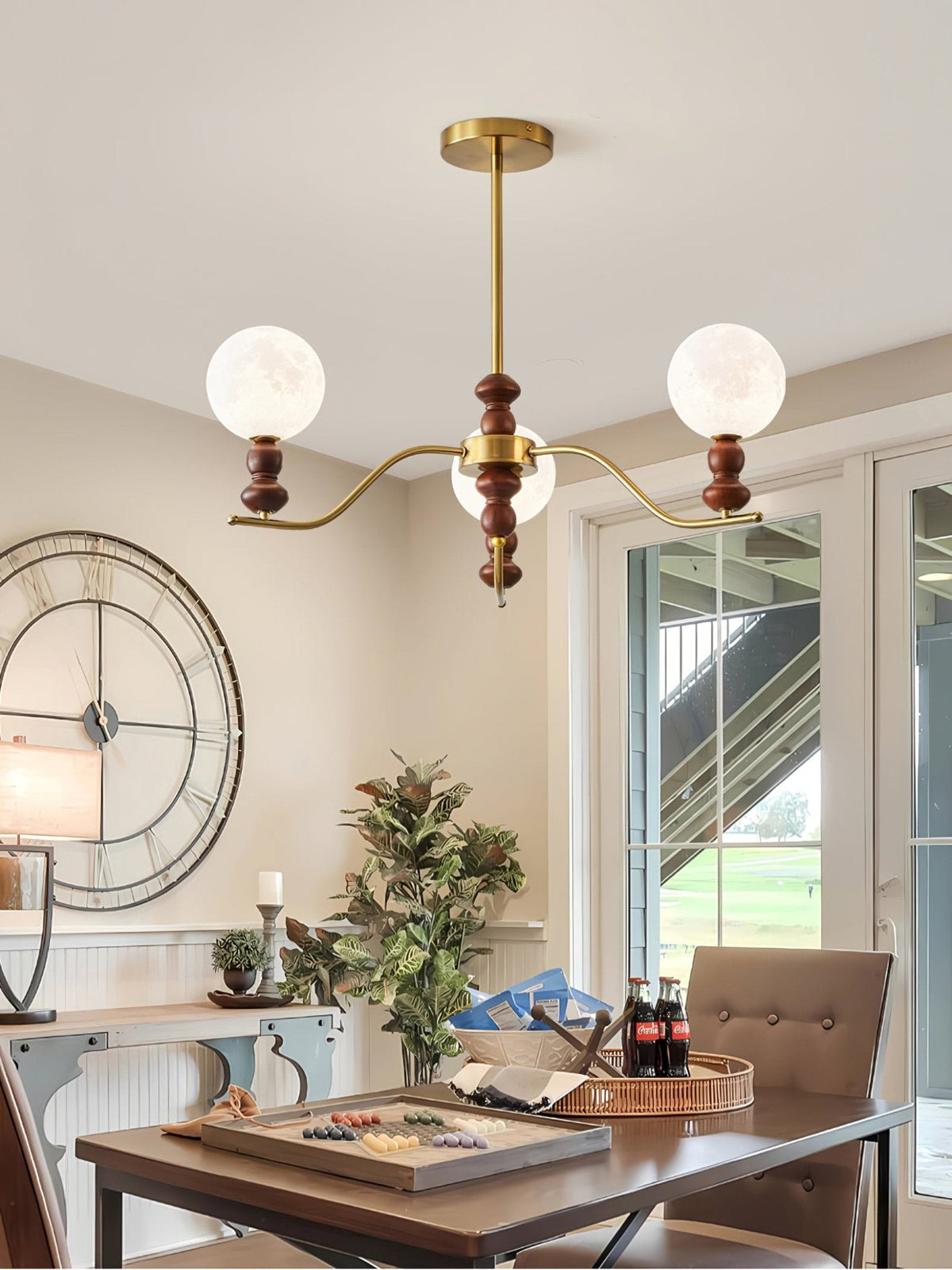 Moonlit Globe Chandelier – Modern Wood & Gold Pendant Light for Dining Room and Living Room