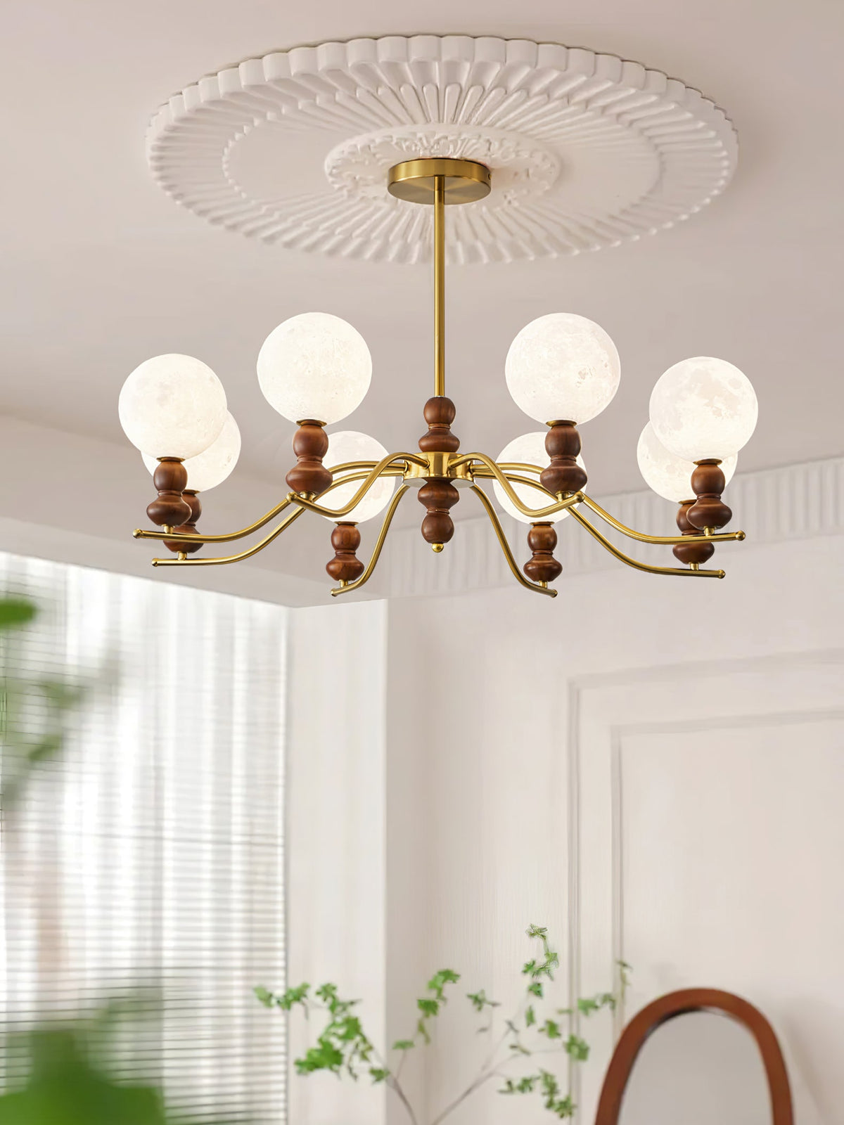 Moonlit Globe Chandelier – Modern Wood & Gold Pendant Light for Dining Room and Living Room