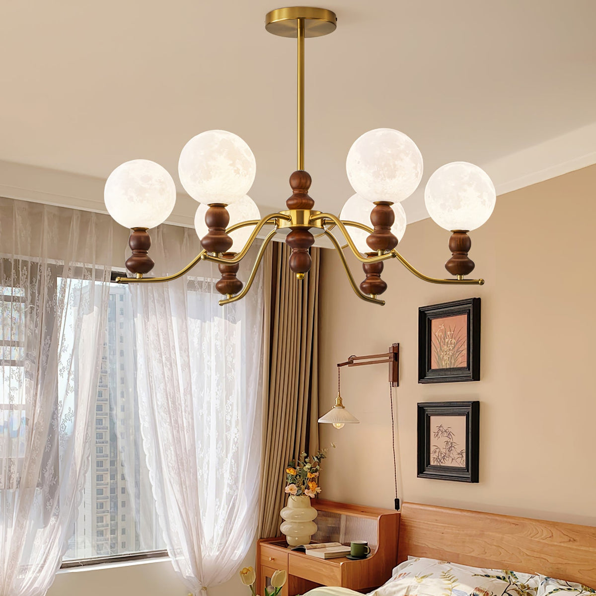 Moonlit Globe Chandelier – Modern Wood & Gold Pendant Light for Dining Room and Living Room
