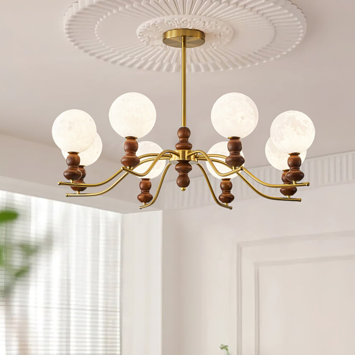 Moonlit Globe Chandelier – Modern Wood & Gold Pendant Light for Dining Room and Living Room