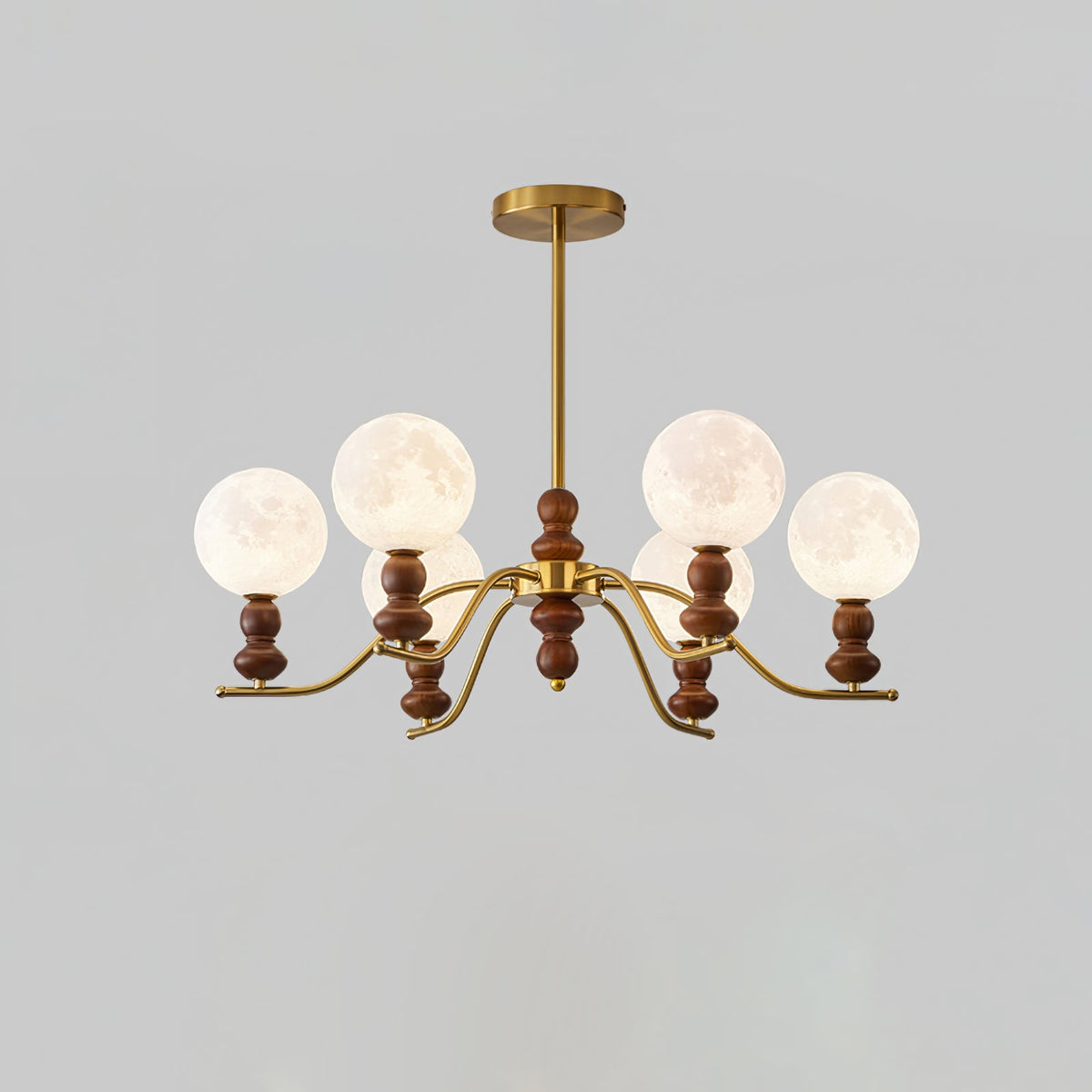 Moonlit Globe Chandelier – Modern Wood & Gold Pendant Light for Dining Room and Living Room