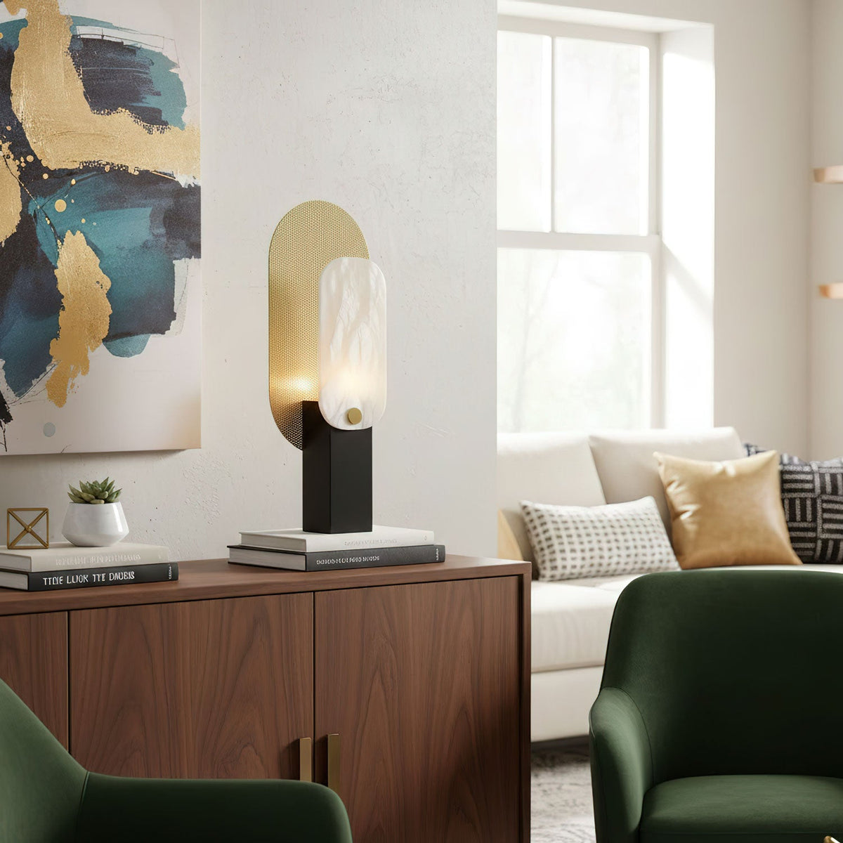 Mosaic Elegance Alabaster Table Lamp with Gold Metal Frame