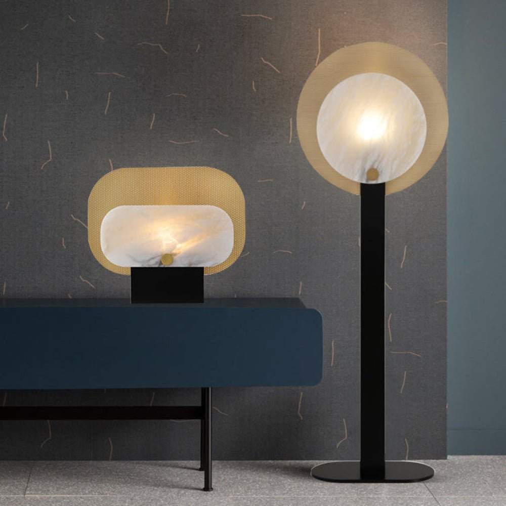 Mosaic Alabaster Floor Lamp with Gold Accents – Modern Designer Lighting for Living Room & Bedroom