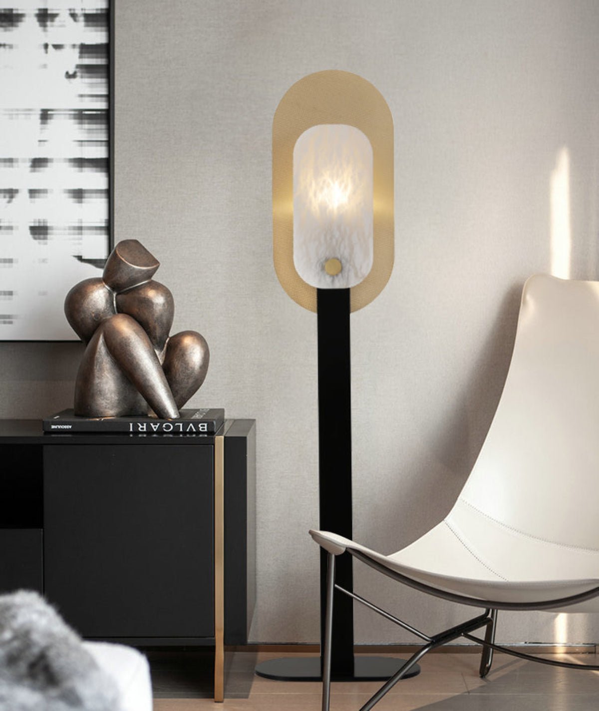 Mosaic Alabaster Floor Lamp with Gold Accents – Modern Designer Lighting for Living Room & Bedroom