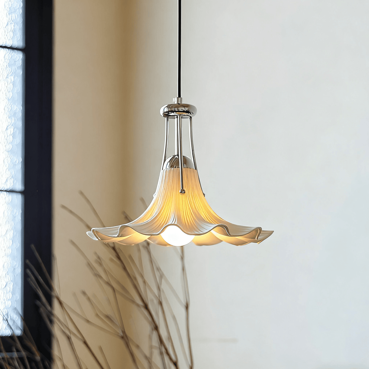 Mugena Floral Glass Pendant Light in Chrome for Dining and Living Spaces