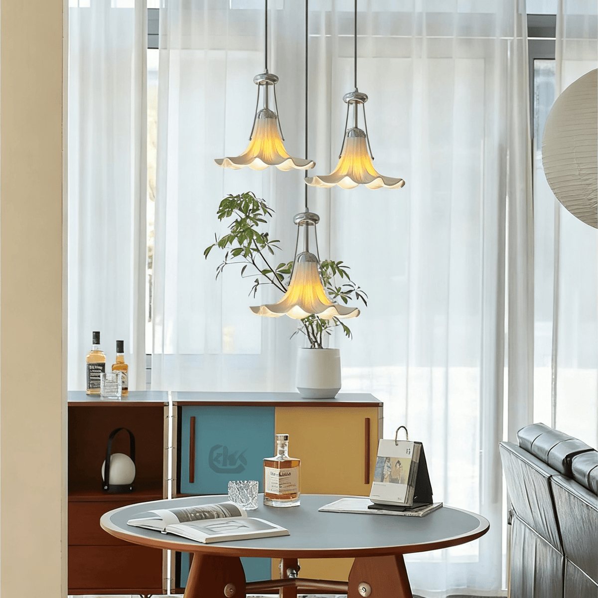Mugena Floral Glass Pendant Light in Chrome for Dining and Living Spaces