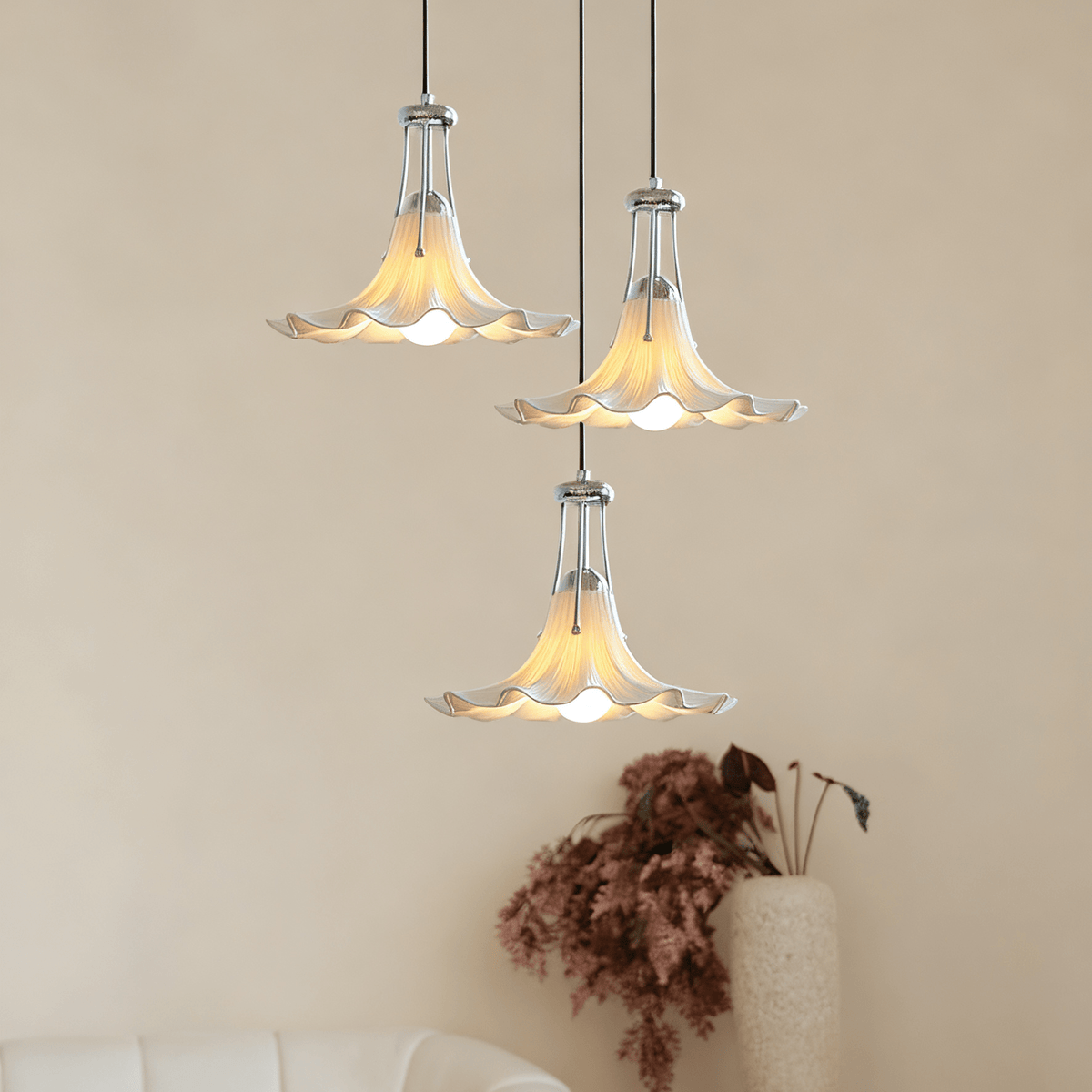 Mugena Floral Glass Pendant Light in Chrome for Dining and Living Spaces