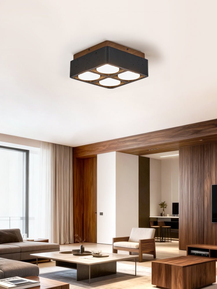 Sky Hole Black Travertine & Walnut Flush Mount Ceiling Light