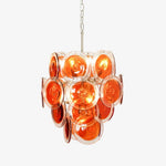 Modern Orange Glass Disc Chandelier with Nickel Frame