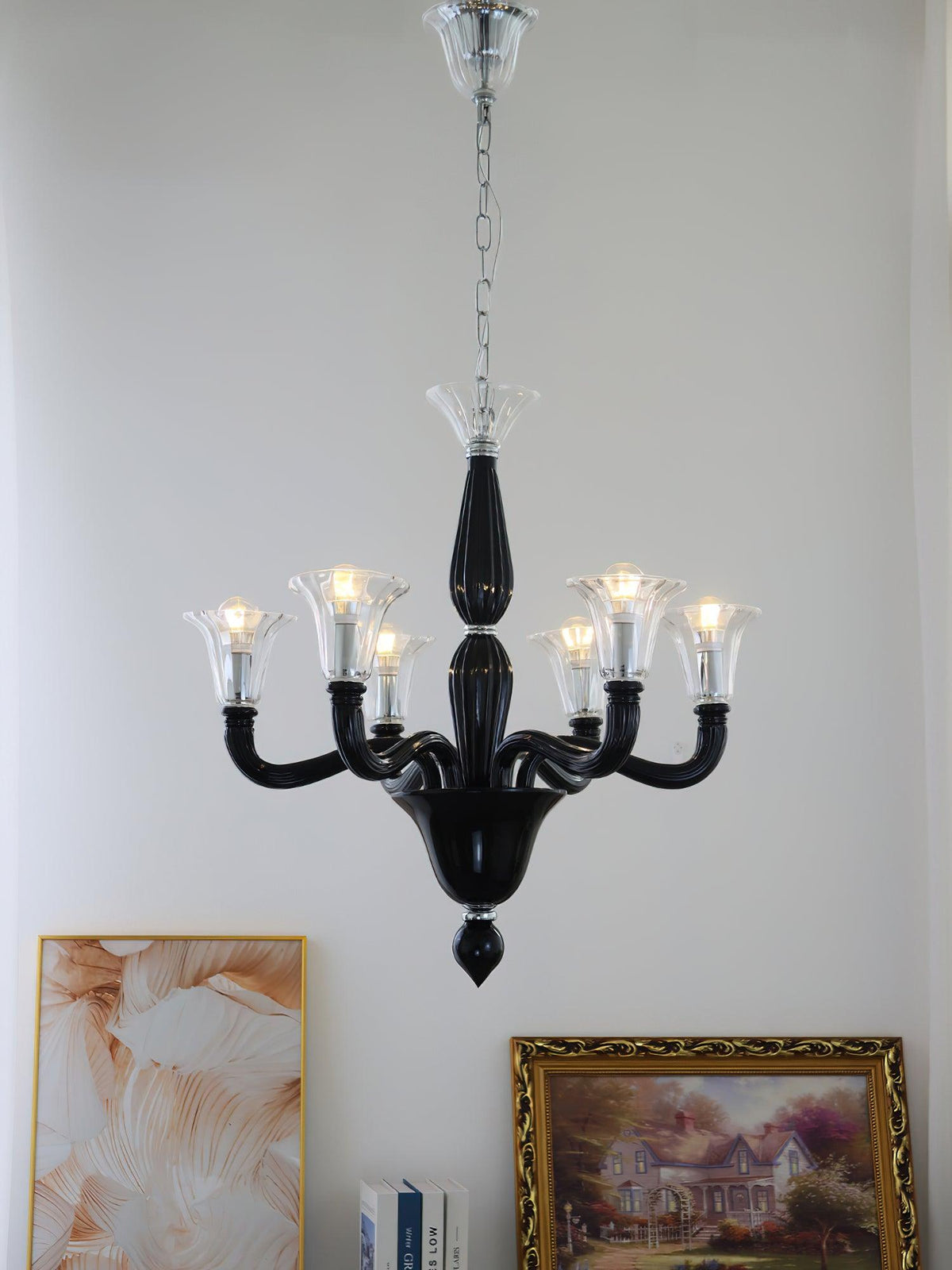 Black Iron Candle Chandelier with Clear Glass Shades for Dining Room and Living Room