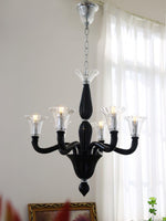 Black Iron Candle Chandelier with Clear Glass Shades for Dining Room and Living Room