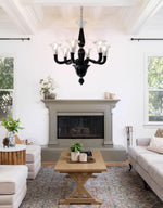 Black Iron Candle Chandelier with Clear Glass Shades for Dining Room and Living Room