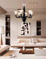 Black Iron Candle Chandelier with Clear Glass Shades for Dining Room and Living Room