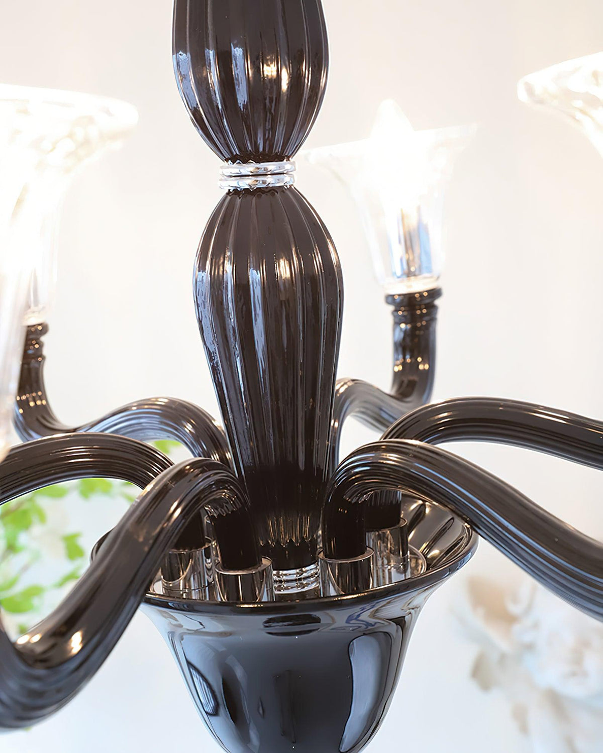 Black Iron Candle Chandelier with Clear Glass Shades for Dining Room and Living Room