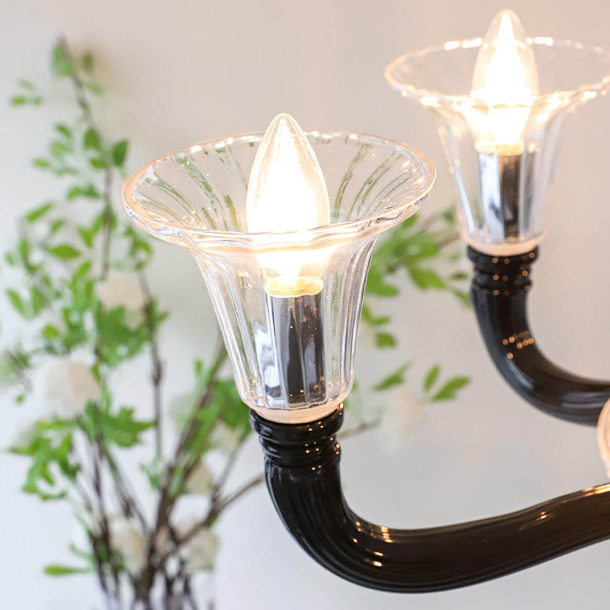 Black Iron Candle Chandelier with Clear Glass Shades for Dining Room and Living Room