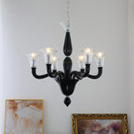 Black Iron Candle Chandelier with Clear Glass Shades for Dining Room and Living Room