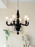Black Iron Candle Chandelier with Clear Glass Shades for Dining Room and Living Room