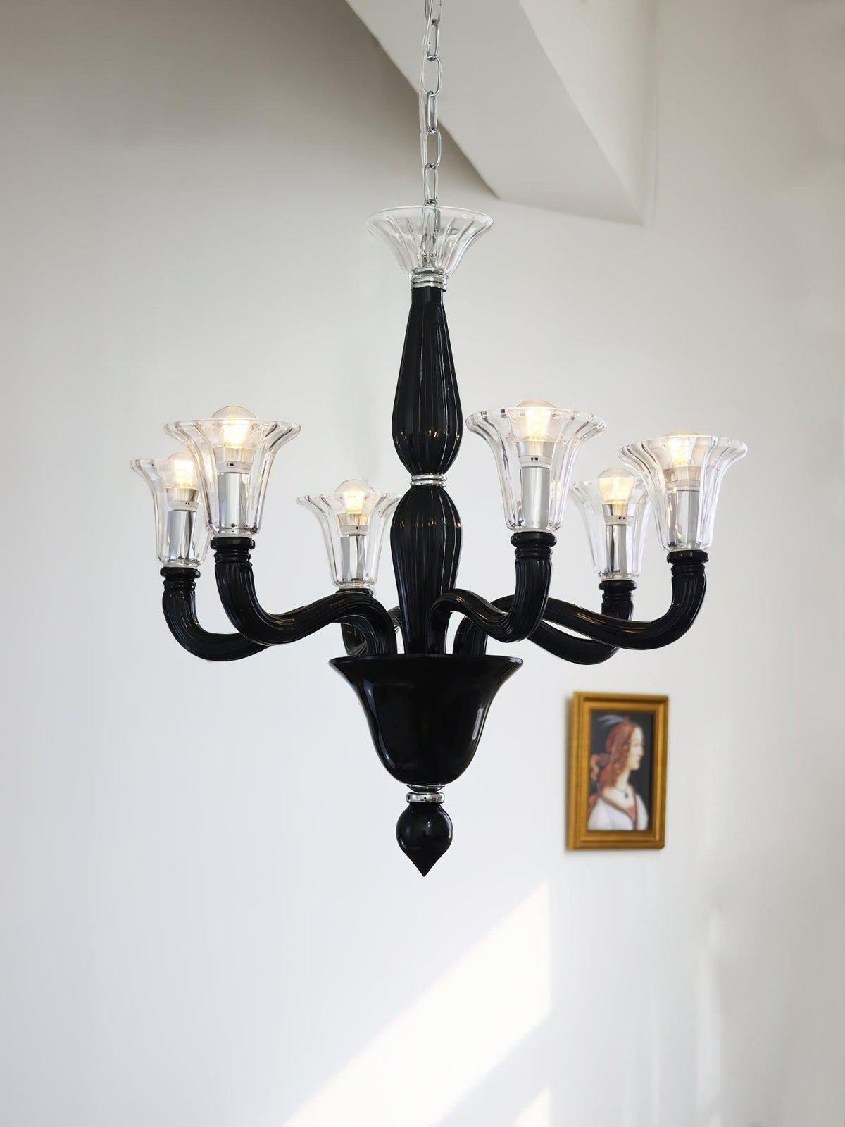 Black Iron Candle Chandelier with Clear Glass Shades for Dining Room and Living Room