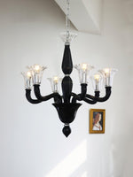 Black Iron Candle Chandelier with Clear Glass Shades for Dining Room and Living Room