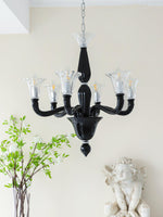 Black Iron Candle Chandelier with Clear Glass Shades for Dining Room and Living Room