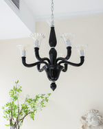 Black Iron Candle Chandelier with Clear Glass Shades for Dining Room and Living Room