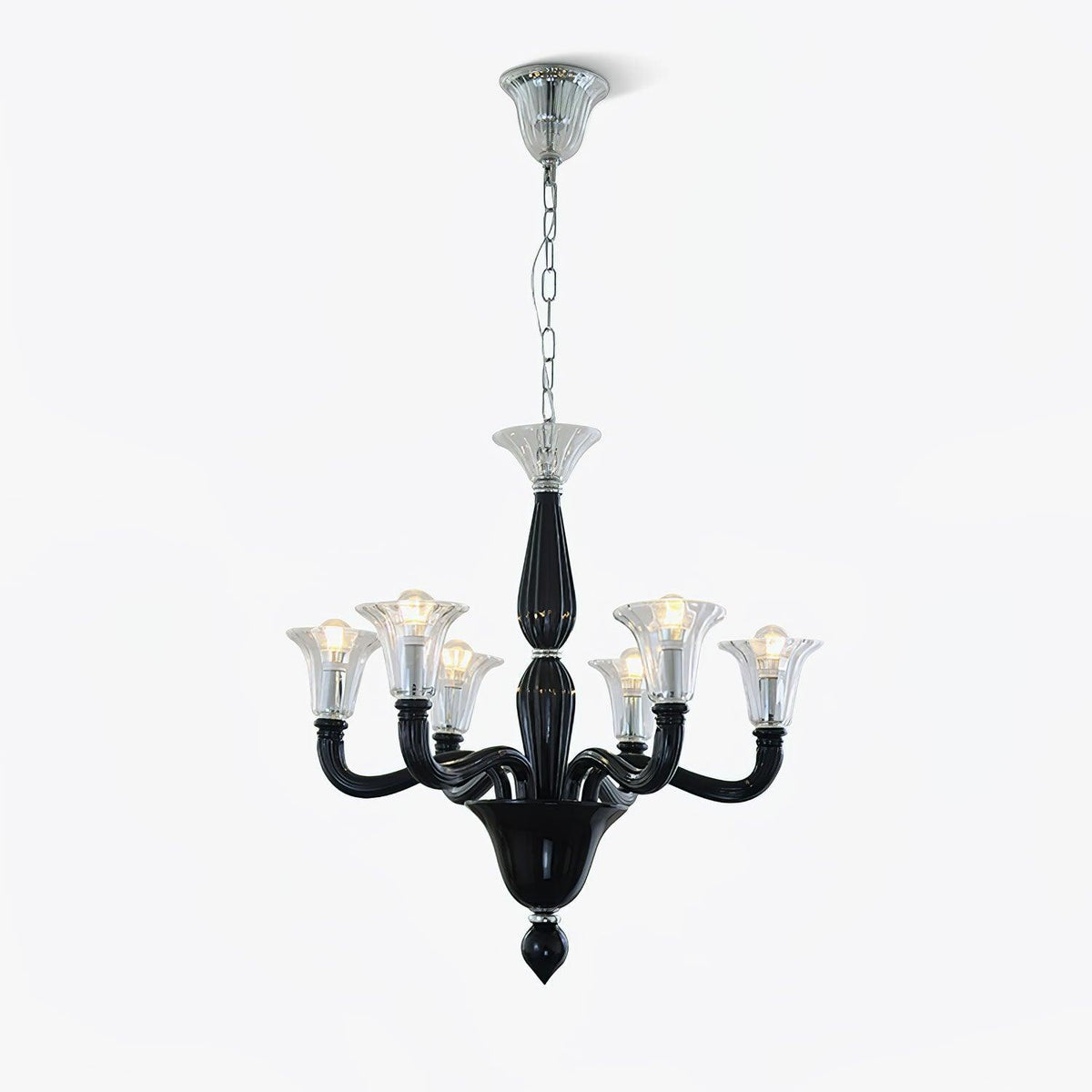 Black Iron Candle Chandelier with Clear Glass Shades for Dining Room and Living Room