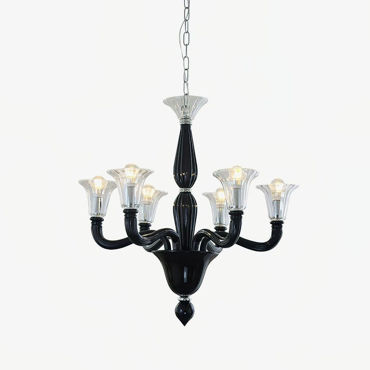 Black Iron Candle Chandelier with Clear Glass Shades for Dining Room and Living Room