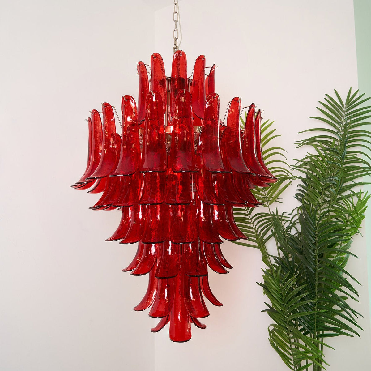 Crimson Cascade Glass Chandelier | Hand-Blown Murano-Style Pendant for Dining Room & Foyer