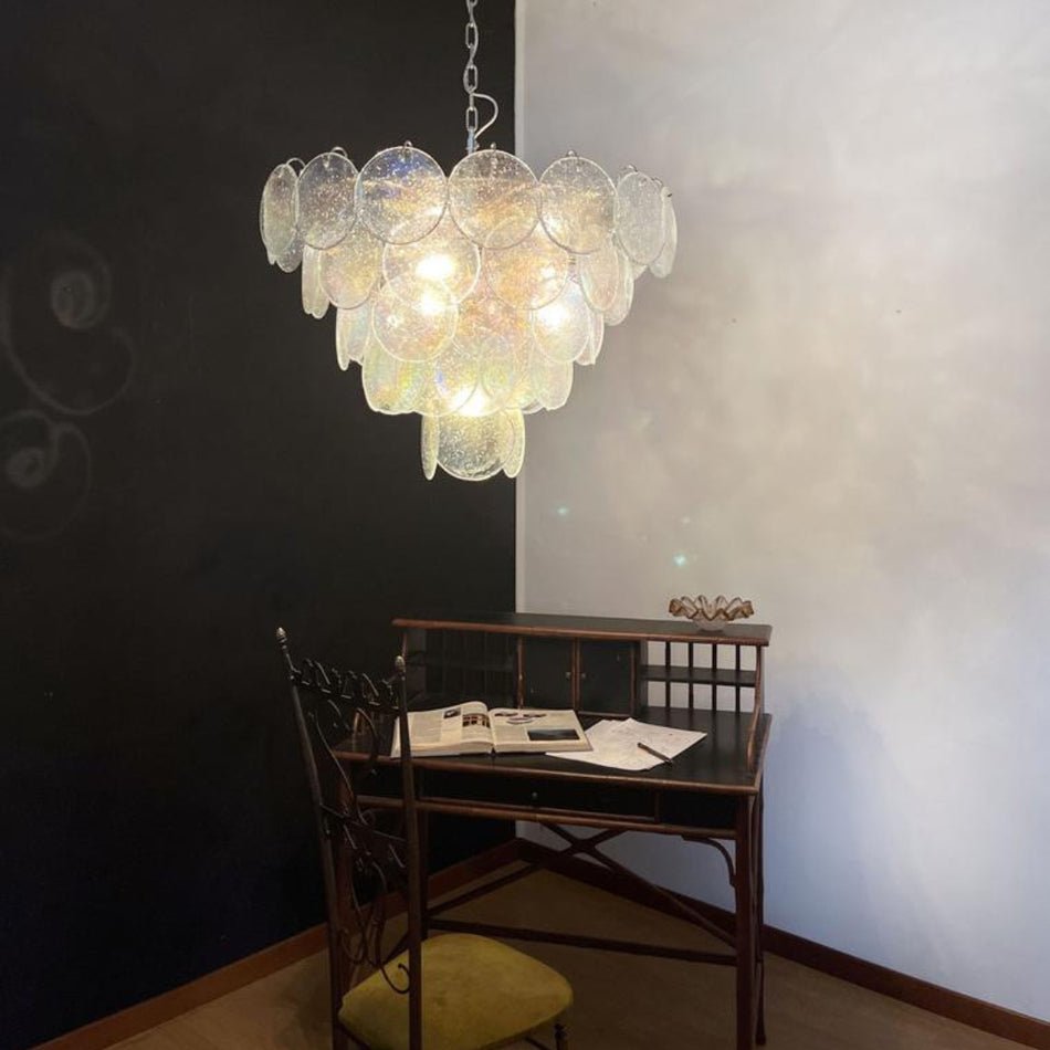 Iridescent Glass Disc Chandelier – Modern Pendant Light for Dining Room and Living Room
