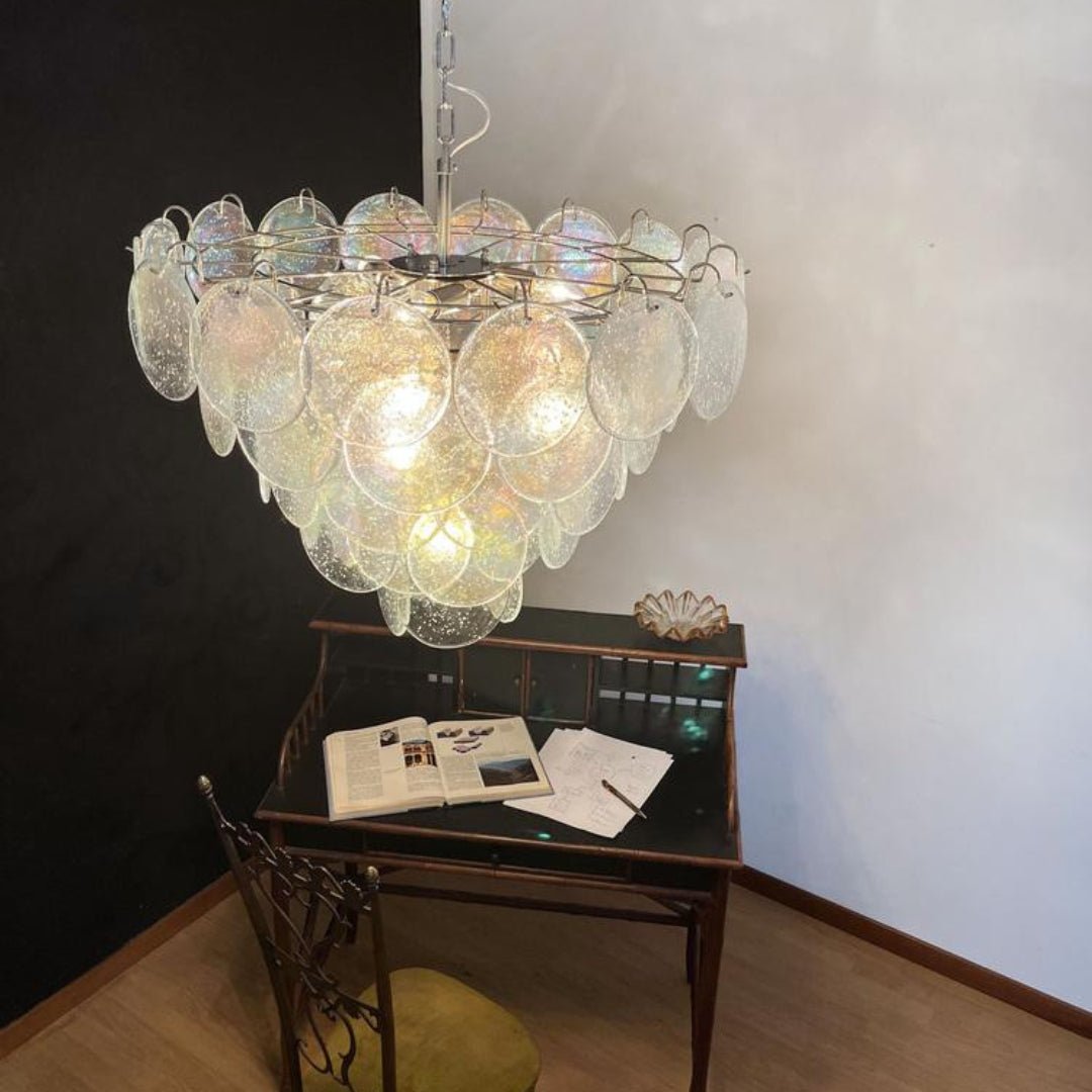 Iridescent Glass Disc Chandelier – Modern Pendant Light for Dining Room and Living Room
