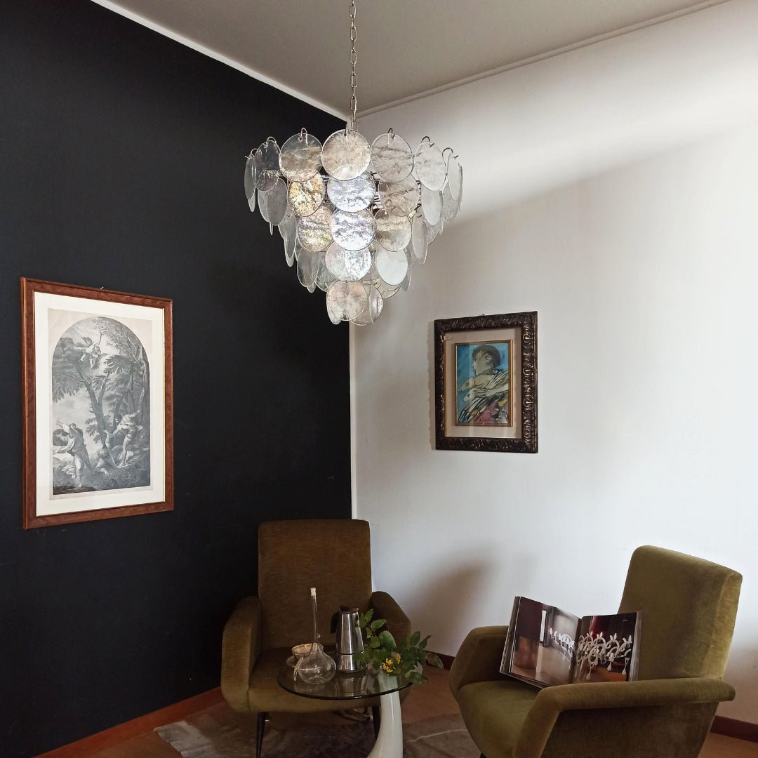 Iridescent Glass Disc Chandelier – Modern Pendant Light for Dining Room and Living Room