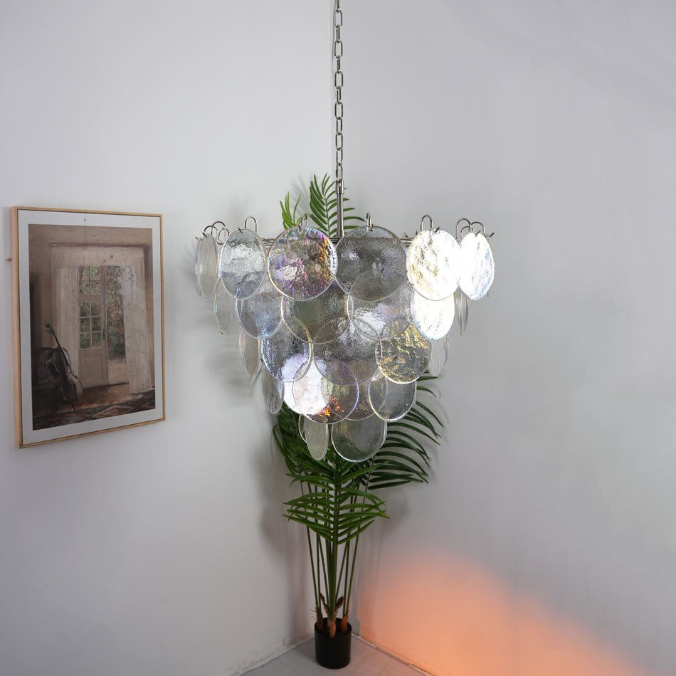 Iridescent Glass Disc Chandelier – Modern Pendant Light for Dining Room and Living Room