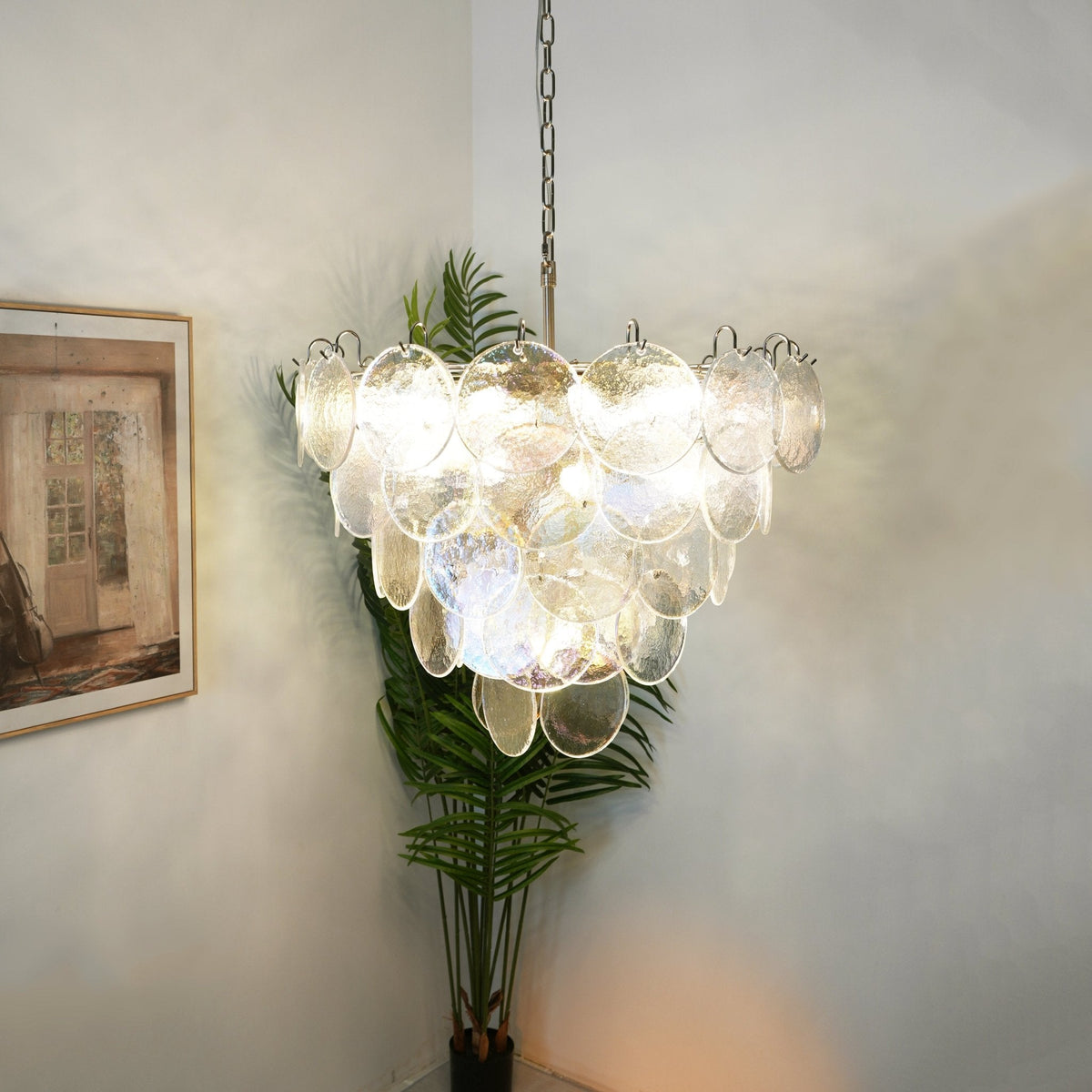 Iridescent Glass Disc Chandelier – Modern Pendant Light for Dining Room and Living Room