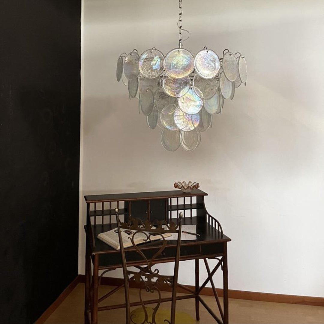 Iridescent Glass Disc Chandelier – Modern Pendant Light for Dining Room and Living Room