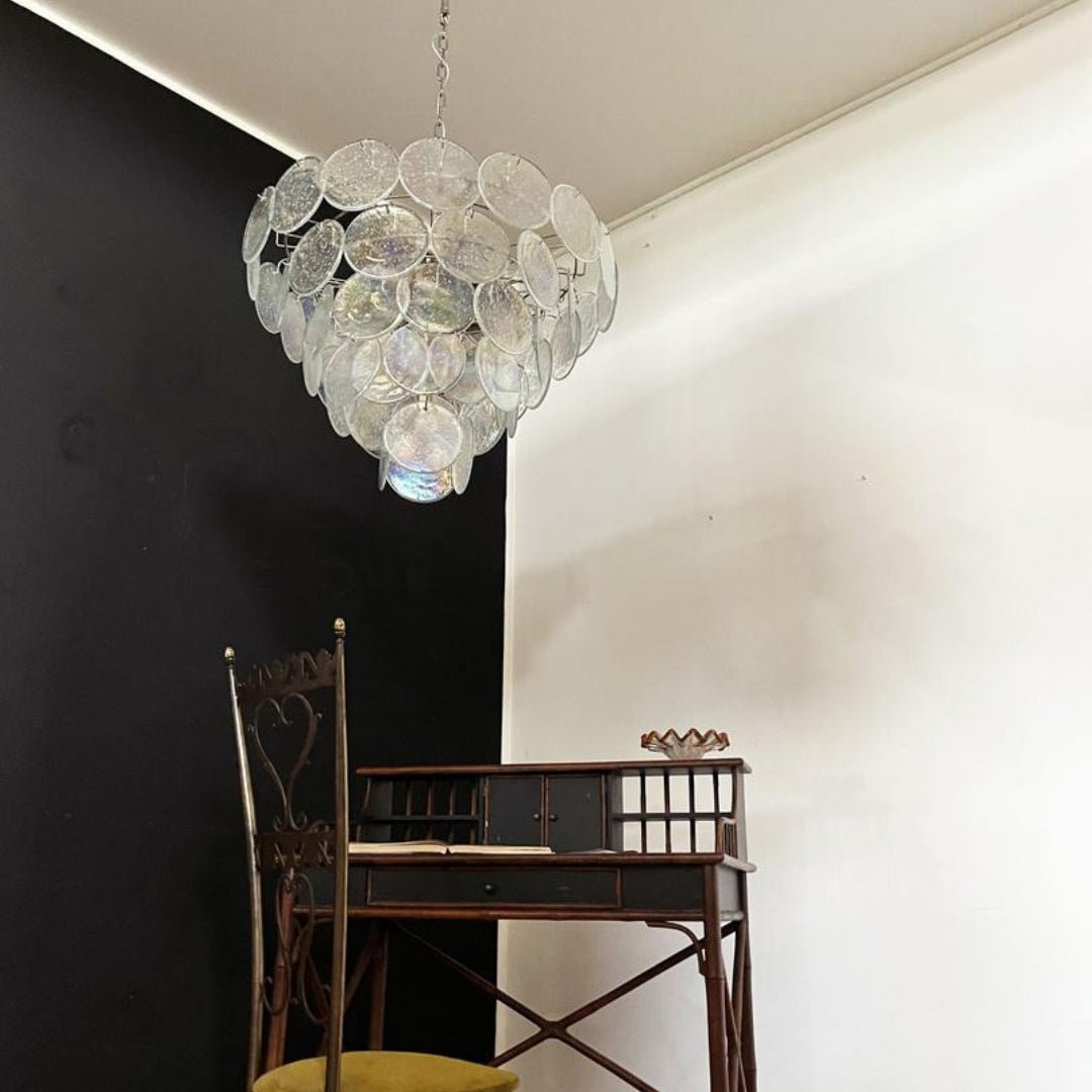 Iridescent Glass Disc Chandelier – Modern Pendant Light for Dining Room and Living Room