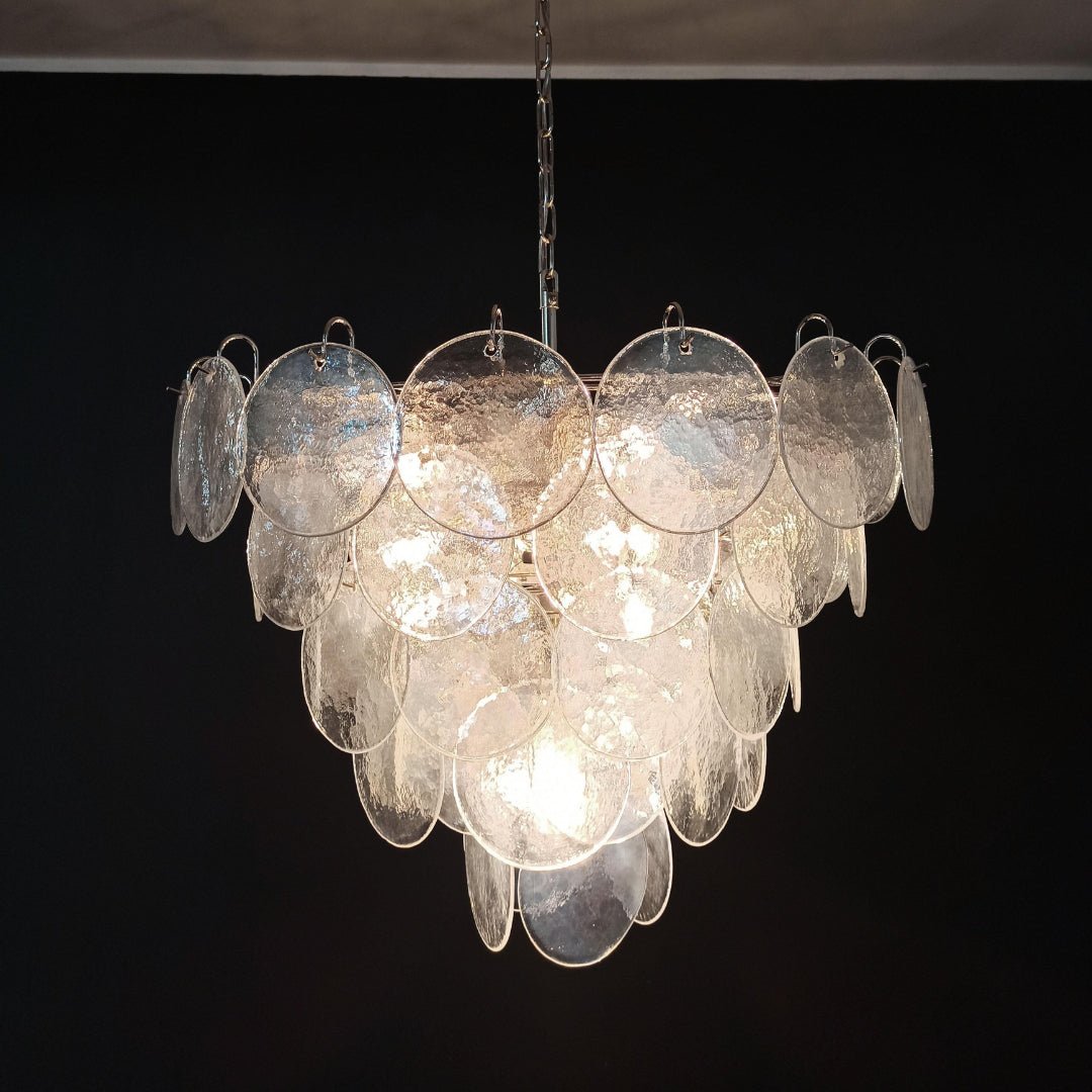 Iridescent Glass Disc Chandelier – Modern Pendant Light for Dining Room and Living Room