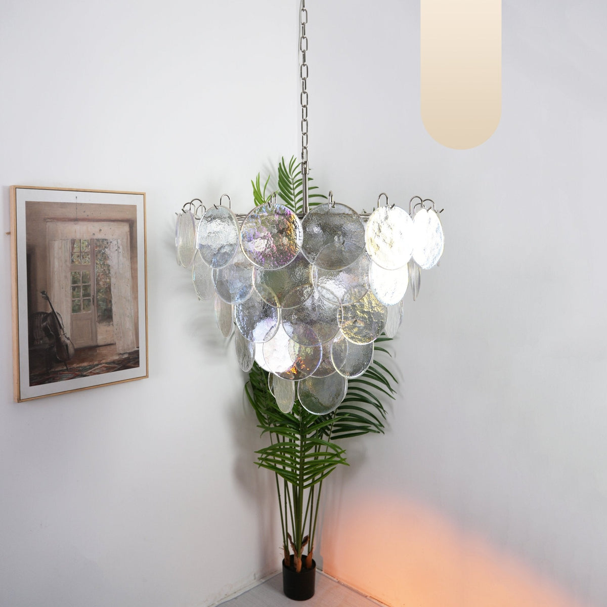 Iridescent Glass Disc Chandelier – Modern Pendant Light for Dining Room and Living Room