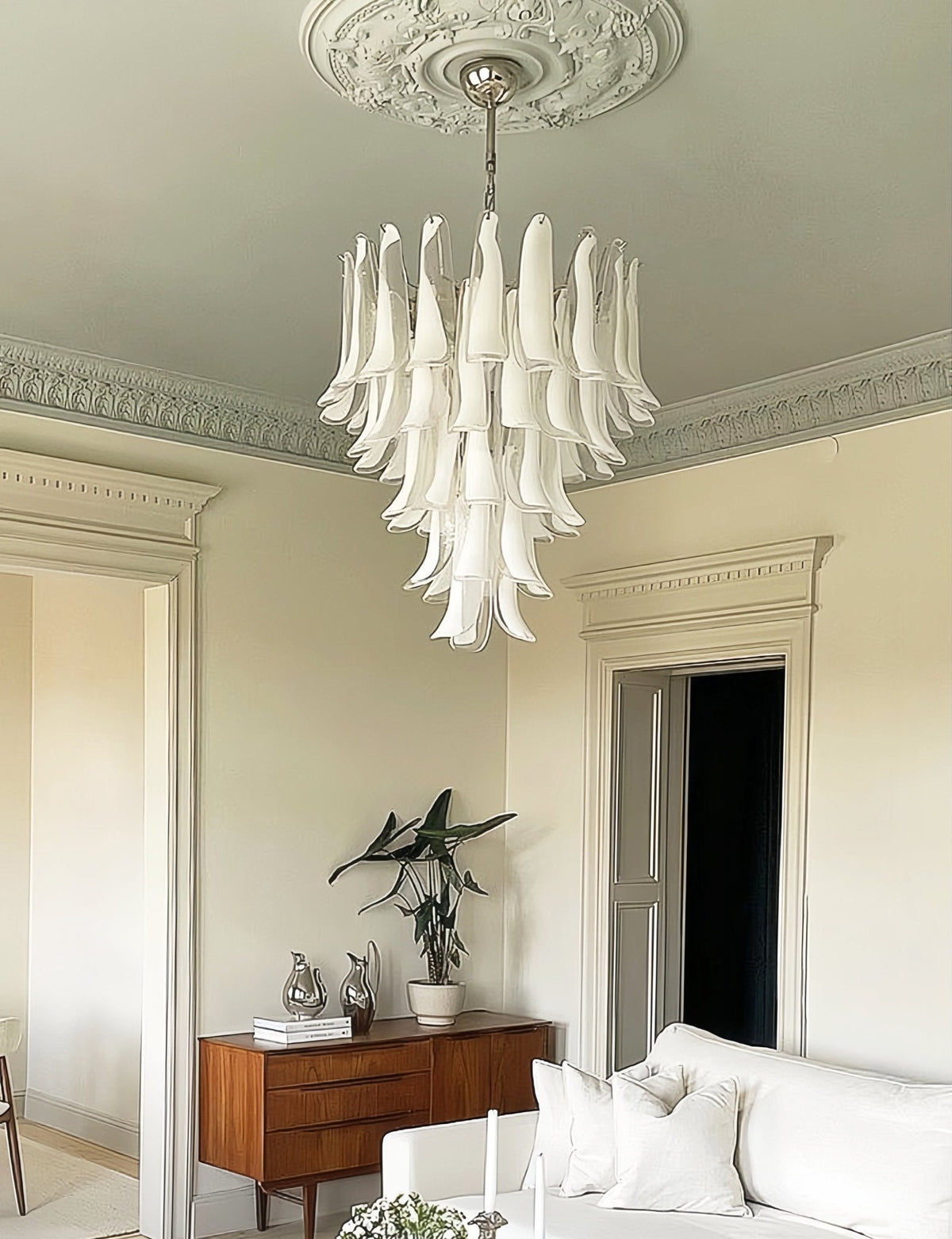 White Glass Petals Chandelier – Modern Designer Pendant Light for Dining Room and Living Room