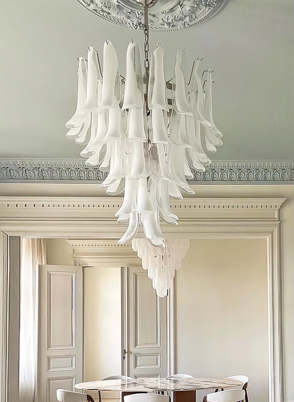 White Glass Petals Chandelier – Modern Designer Pendant Light for Dining Room and Living Room
