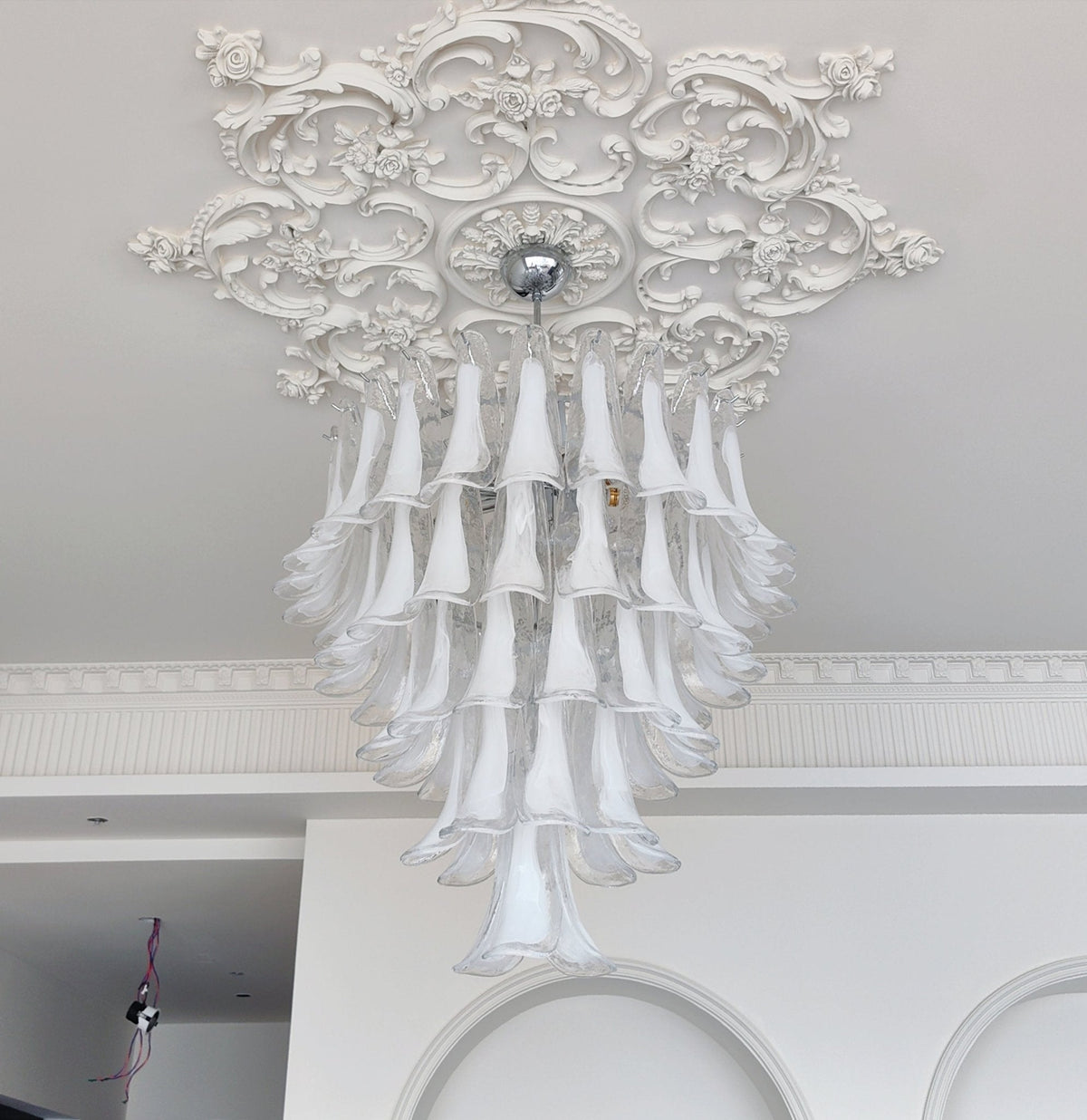 White Glass Petals Chandelier – Modern Designer Pendant Light for Dining Room and Living Room