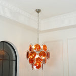 Modern Orange Glass Disc Chandelier with Nickel Frame